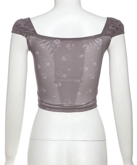 Coquette Floral Mesh Crop Top with Bow - Sheer Y2K Style for Fall