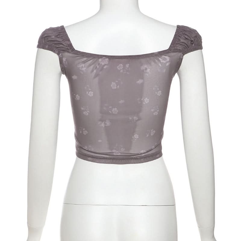 Coquette Floral Mesh Crop Top with Bow - Sheer Y2K Style for Fall