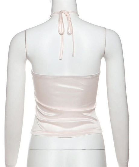 Dreamy Blush Satin Halter Top with 3D Rose - Romantic Fall Nights & Holiday Chic