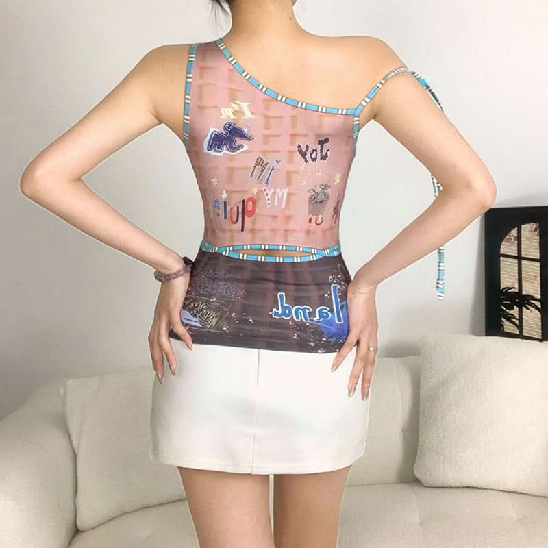 HAHAAH! Spooky-Chic Asymmetrical Graphic Tank Top - Fall Street Style Tie-Up