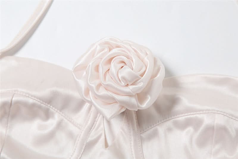 Dreamy Blush Satin Halter Top with 3D Rose - Romantic Fall Nights & Holiday Chic