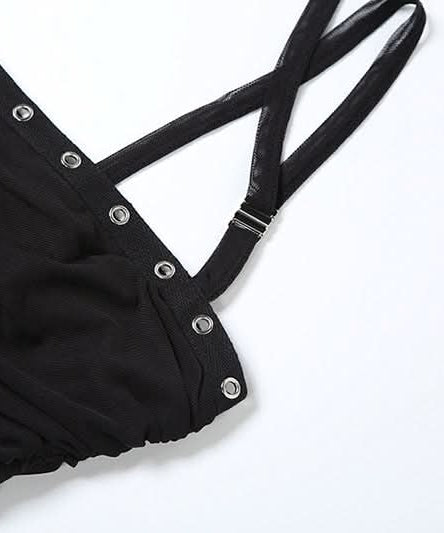 Midnight Edge Studded Halter Mini Dress with Criss-Cross Waist & Asymmetrical Ruffles - Your Ultimate Fall & Holiday Party Statement