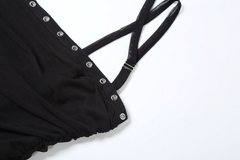 Midnight Edge Studded Halter Mini Dress with Criss-Cross Waist & Asymmetrical Ruffles - Your Ultimate Fall & Holiday Party Statement