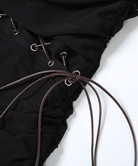 Midnight Edge Studded Halter Mini Dress with Criss-Cross Waist & Asymmetrical Ruffles - Your Ultimate Fall & Holiday Party Statement