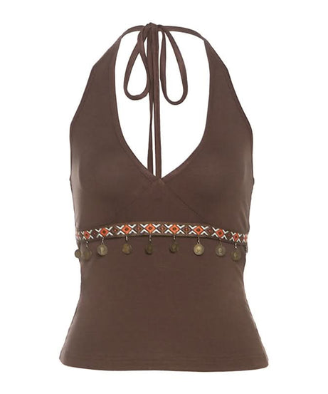 Boho Chic Embellished Halter Top | Fall V-Neck Knit with Coin Details