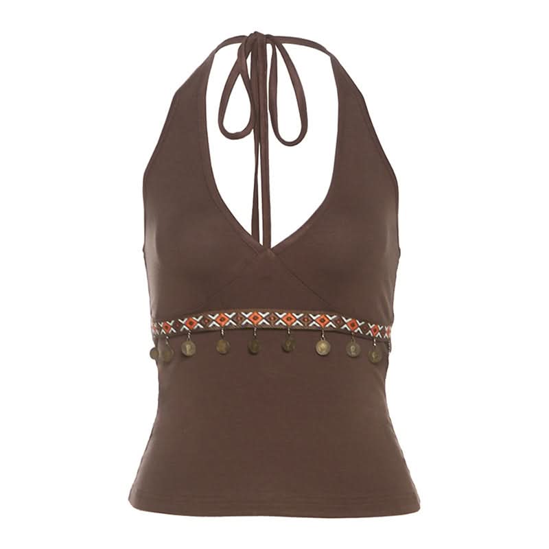 Boho Chic Embellished Halter Top | Fall V-Neck Knit with Coin Details