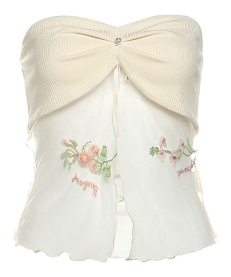 Autumn Bloom Fairycore Ribbed Knit Two-Piece Set - Sheer Mesh Tube Top & Mini Skirt