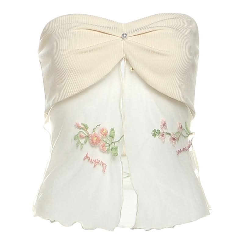 Autumn Bloom Fairycore Ribbed Knit Two-Piece Set - Sheer Mesh Tube Top & Mini Skirt