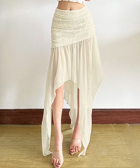 Enchanted Autumn Flow: Ruched Asymmetrical High-Low Skirt - Dreamy Midi for Fall Chic