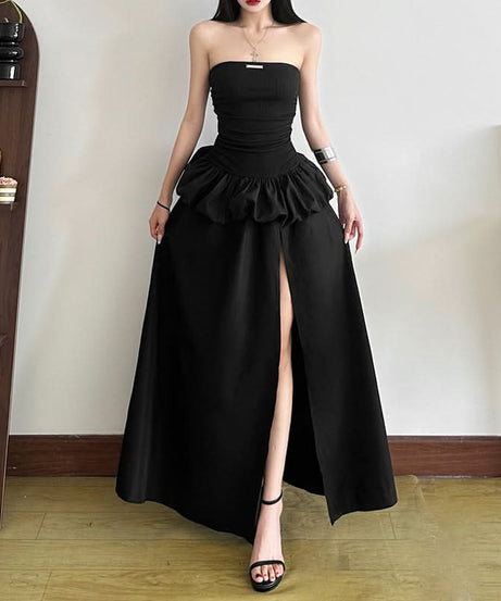 Chic Black Strapless Ruched Maxi Dress with Slit | Fall & Holiday Party Statement Gown