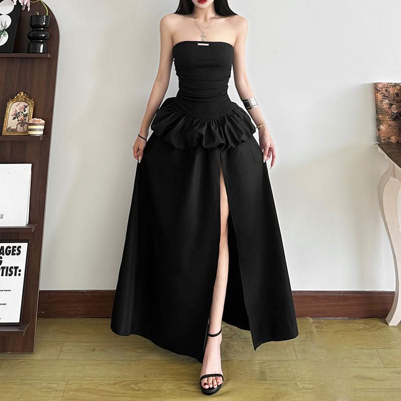 Chic Black Strapless Ruched Maxi Dress with Slit | Fall & Holiday Party Statement Gown