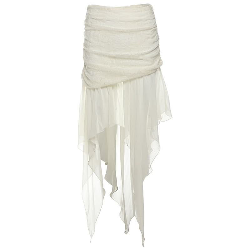 Enchanted Autumn Flow: Ruched Asymmetrical High-Low Skirt - Dreamy Midi for Fall Chic