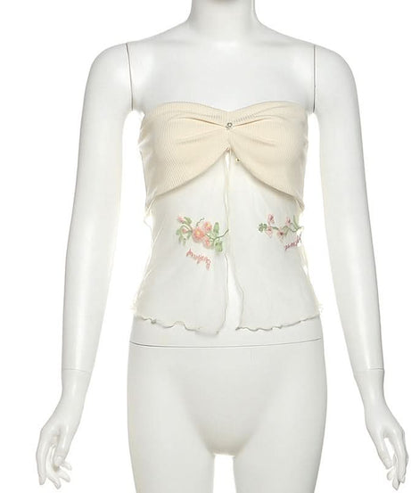 Autumn Bloom Fairycore Ribbed Knit Two-Piece Set - Sheer Mesh Tube Top & Mini Skirt