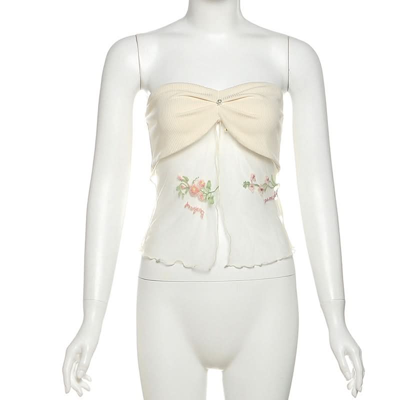 Autumn Bloom Fairycore Ribbed Knit Two-Piece Set - Sheer Mesh Tube Top & Mini Skirt