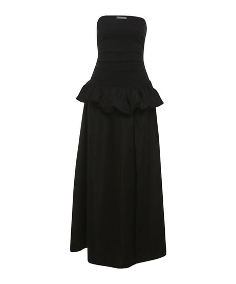 Chic Black Strapless Ruched Maxi Dress with Slit | Fall & Holiday Party Statement Gown
