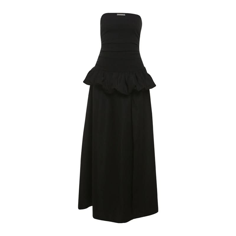 Chic Black Strapless Ruched Maxi Dress with Slit | Fall & Holiday Party Statement Gown
