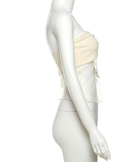 Autumn Bloom Fairycore Ribbed Knit Two-Piece Set - Sheer Mesh Tube Top & Mini Skirt