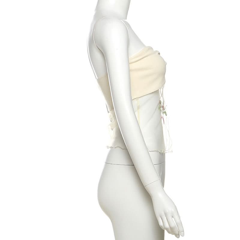 Autumn Bloom Fairycore Ribbed Knit Two-Piece Set - Sheer Mesh Tube Top & Mini Skirt