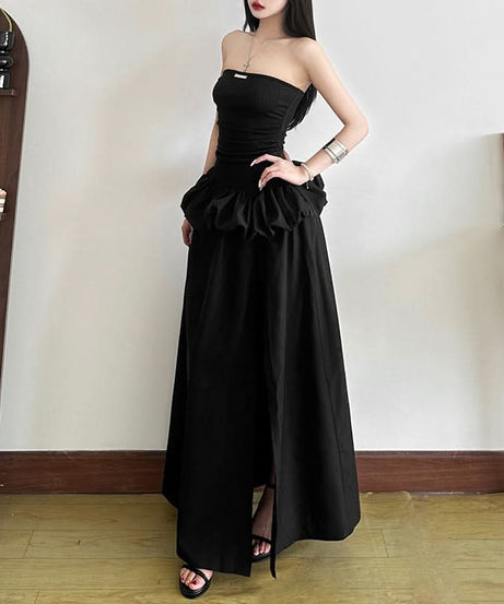 Chic Black Strapless Ruched Maxi Dress with Slit | Fall & Holiday Party Statement Gown