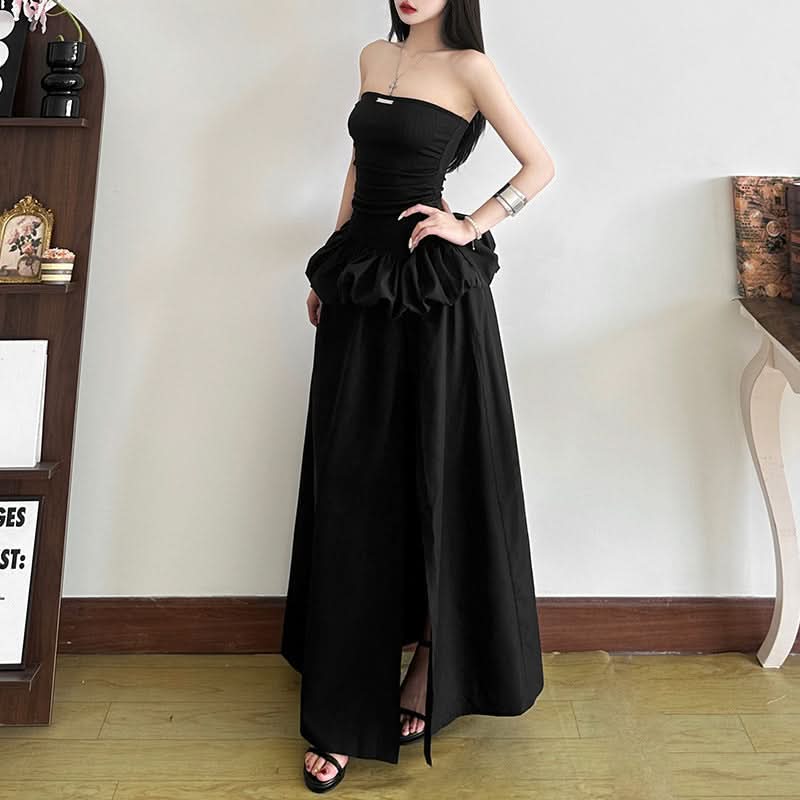 Chic Black Strapless Ruched Maxi Dress with Slit | Fall & Holiday Party Statement Gown