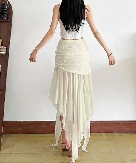 Enchanted Autumn Flow: Ruched Asymmetrical High-Low Skirt - Dreamy Midi for Fall Chic