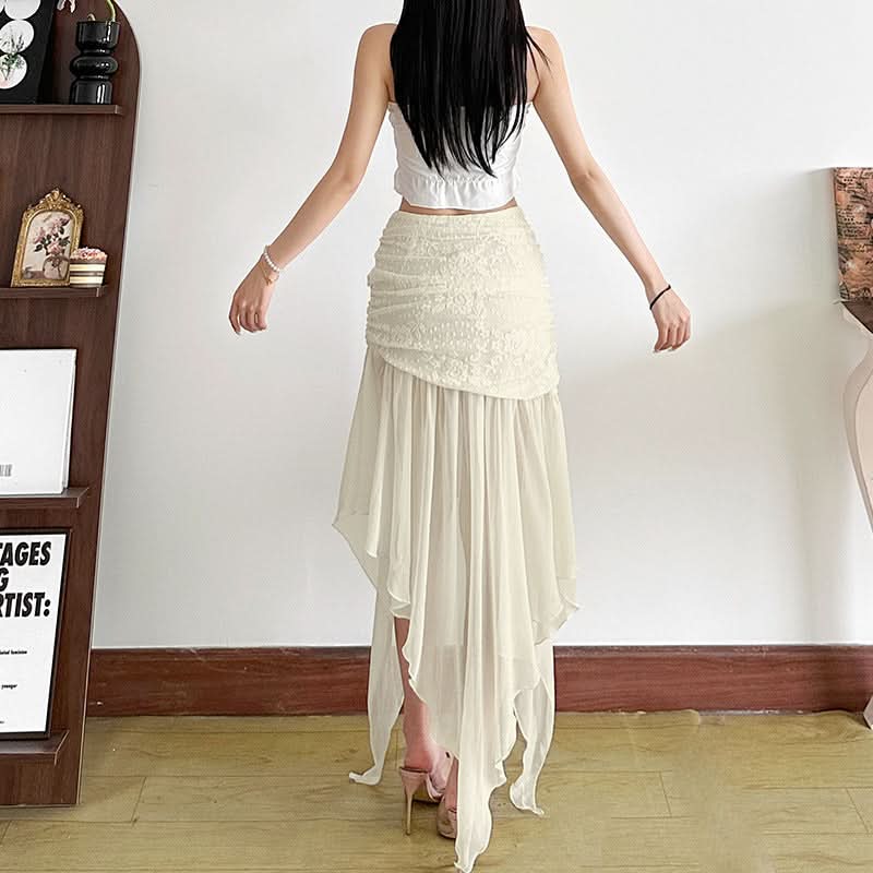 Enchanted Autumn Flow: Ruched Asymmetrical High-Low Skirt - Dreamy Midi for Fall Chic