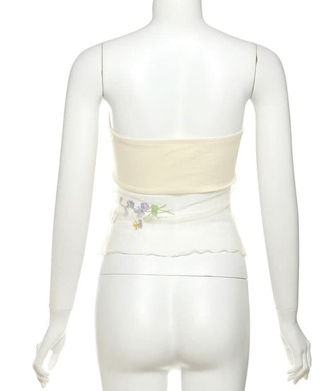 Autumn Bloom Fairycore Ribbed Knit Two-Piece Set - Sheer Mesh Tube Top & Mini Skirt