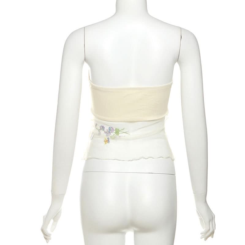 Autumn Bloom Fairycore Ribbed Knit Two-Piece Set - Sheer Mesh Tube Top & Mini Skirt