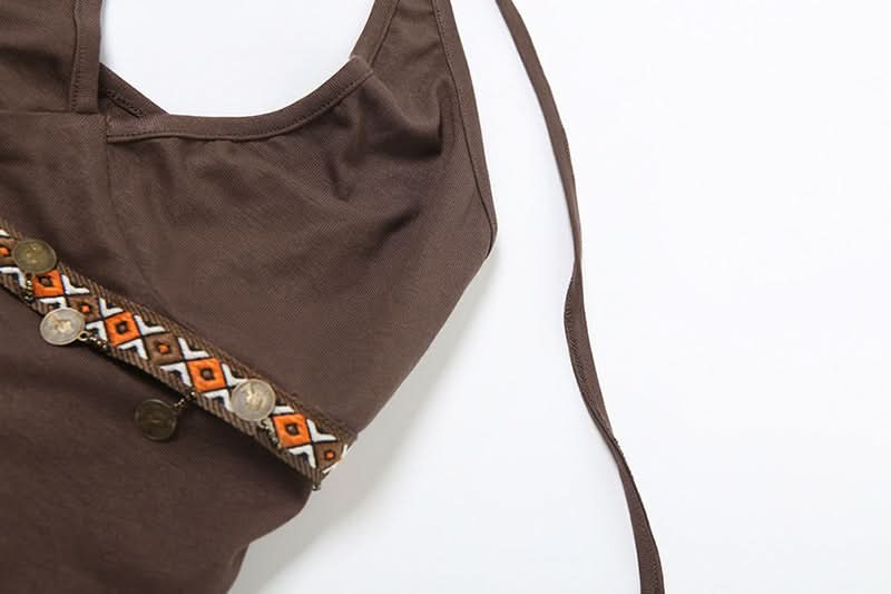 Boho Chic Embellished Halter Top | Fall V-Neck Knit with Coin Details