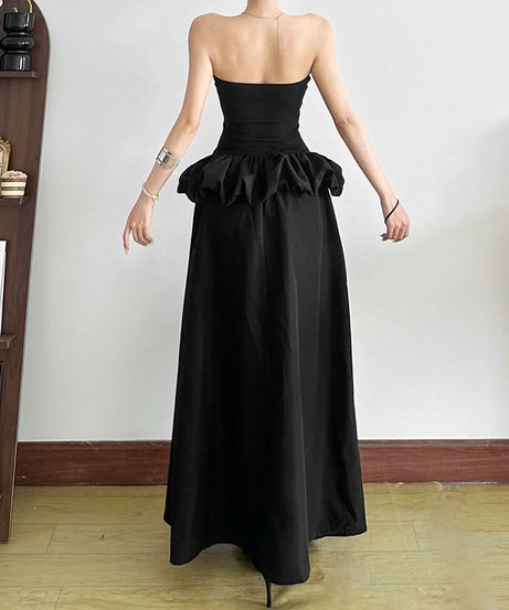 Chic Black Strapless Ruched Maxi Dress with Slit | Fall & Holiday Party Statement Gown