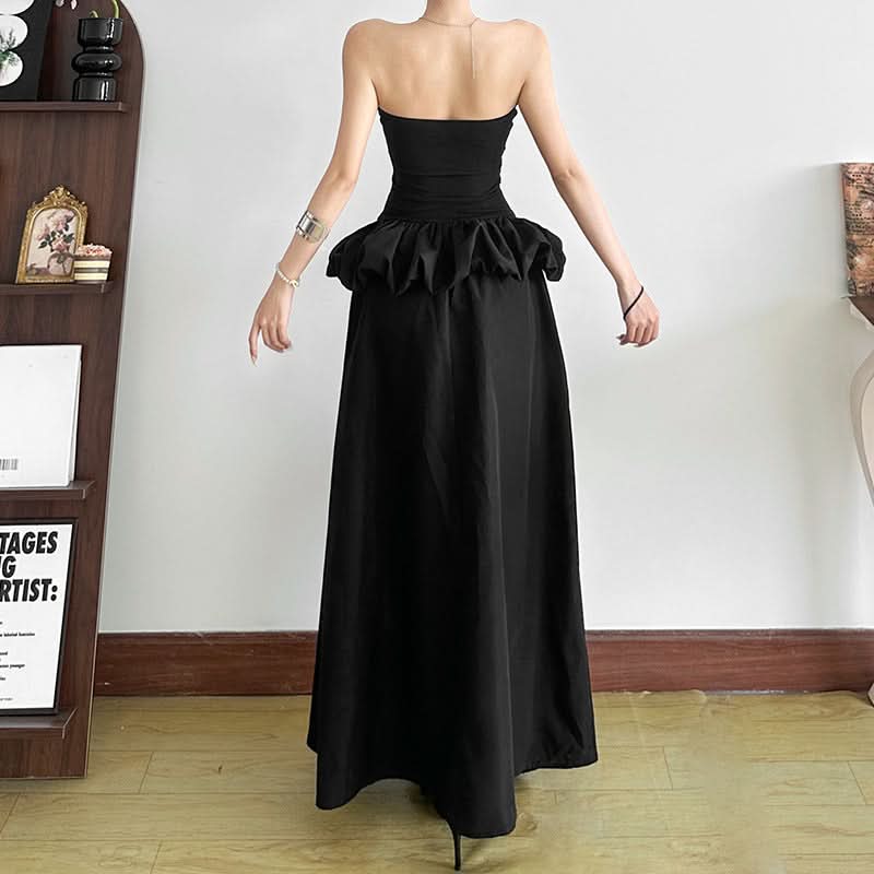 Chic Black Strapless Ruched Maxi Dress with Slit | Fall & Holiday Party Statement Gown