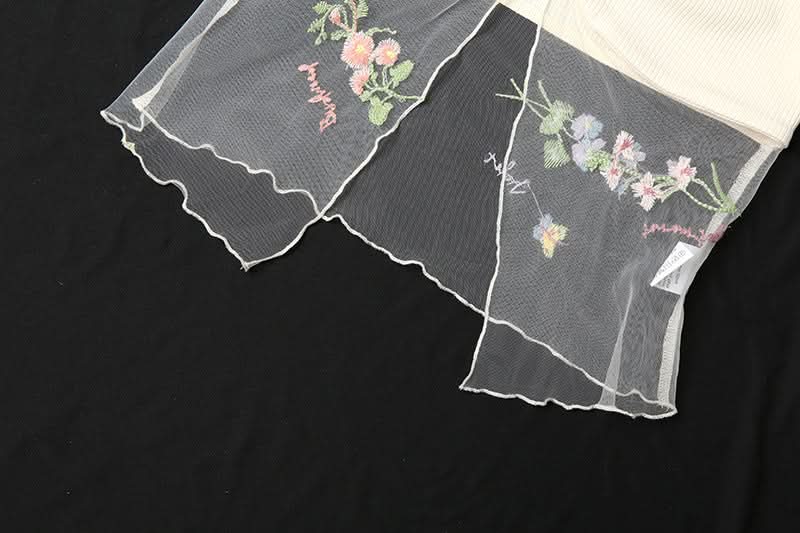 Autumn Bloom Fairycore Ribbed Knit Two-Piece Set - Sheer Mesh Tube Top & Mini Skirt