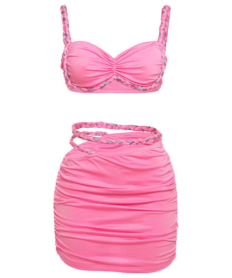 Show-Stopping Hot Pink Braided Ruched Two-Piece Set | Trendy Crop Top & Mini Skirt for Parties & Vacations