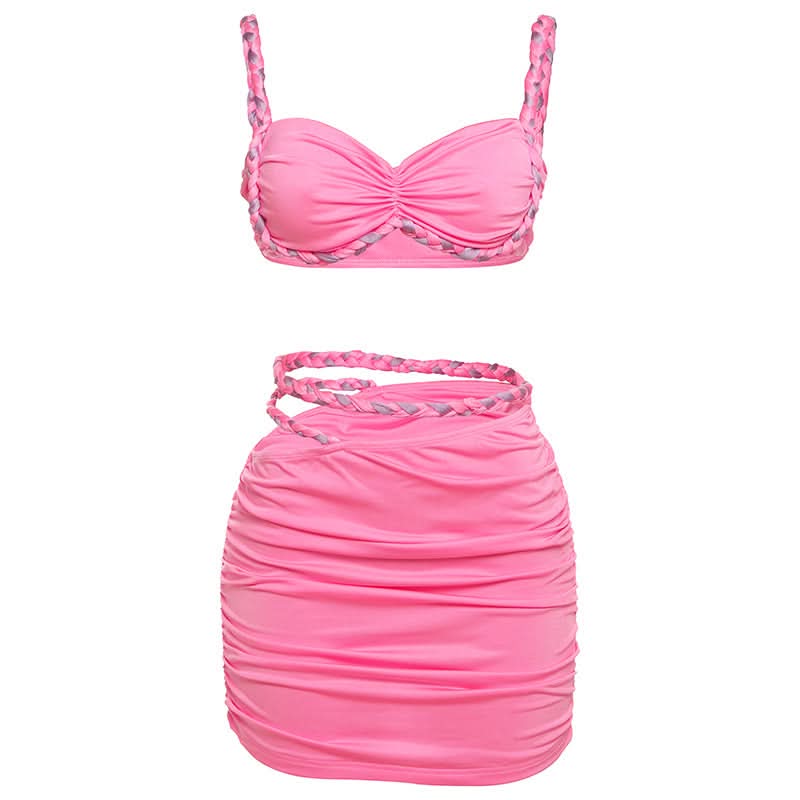 Show-Stopping Hot Pink Braided Ruched Two-Piece Set | Trendy Crop Top & Mini Skirt for Parties & Vacations
