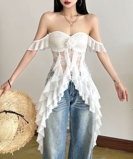 Dreamy Ruffle Lace High-Low Tunic Top - Ethereal Floral Appliqué for Fall Style