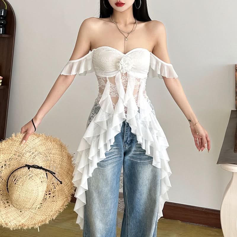 Dreamy Ruffle Lace High-Low Tunic Top - Ethereal Floral Appliqué for Fall Style