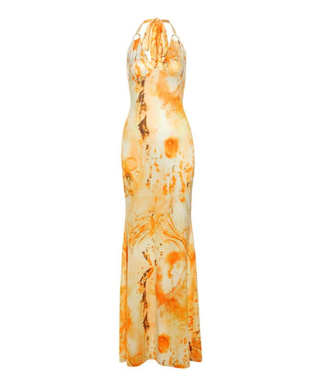 Sunset Dreams Halter Maxi Dress - Vibrant Orange Abstract Print for Fall & Resort Chic
