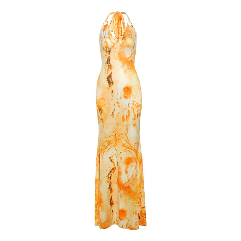 Sunset Dreams Halter Maxi Dress - Vibrant Orange Abstract Print for Fall & Resort Chic