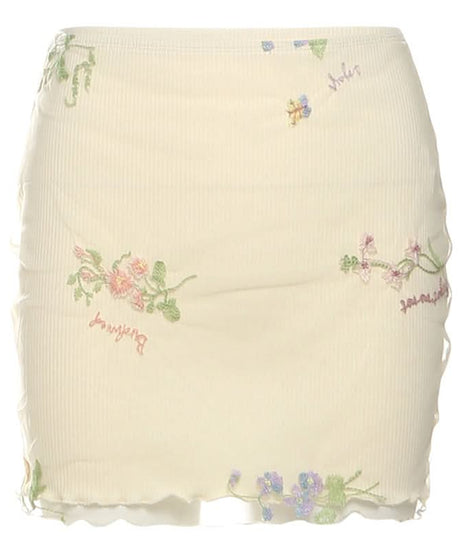 Whimsical Floral Embroidered Ribbed Mini Skirt with Sheer Ruffle Trim