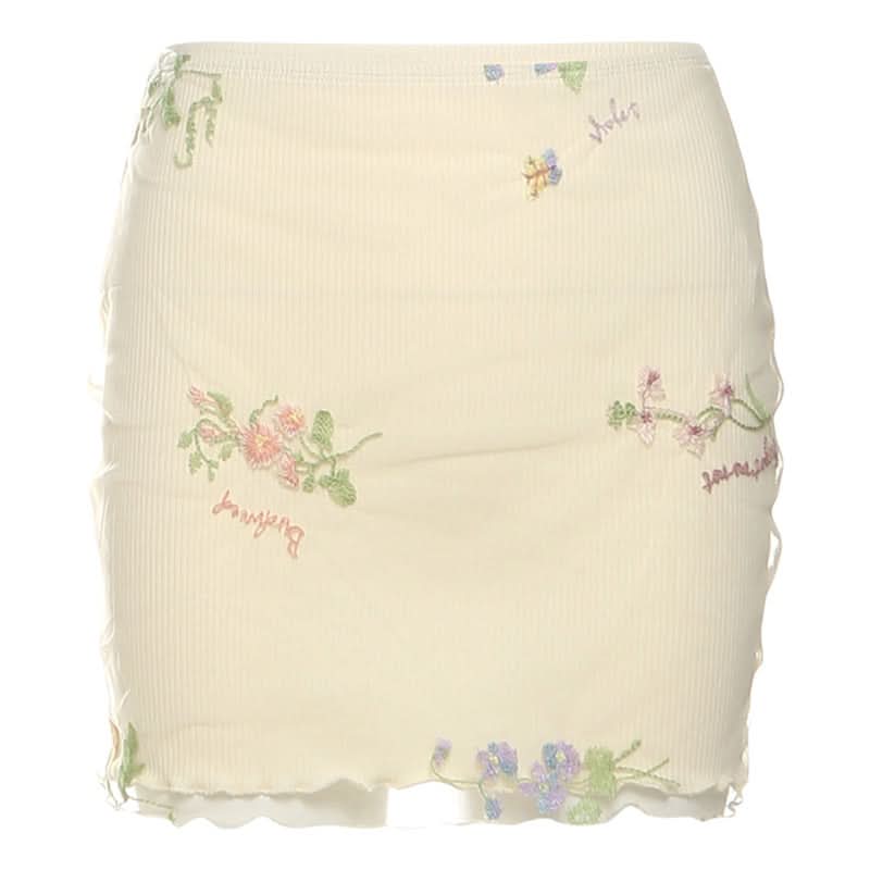 Whimsical Floral Embroidered Ribbed Mini Skirt with Sheer Ruffle Trim