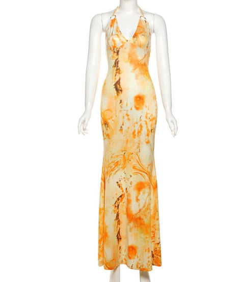 Sunset Dreams Halter Maxi Dress - Vibrant Orange Abstract Print for Fall & Resort Chic