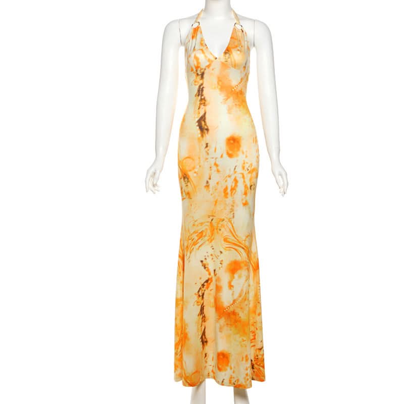 Sunset Dreams Halter Maxi Dress - Vibrant Orange Abstract Print for Fall & Resort Chic