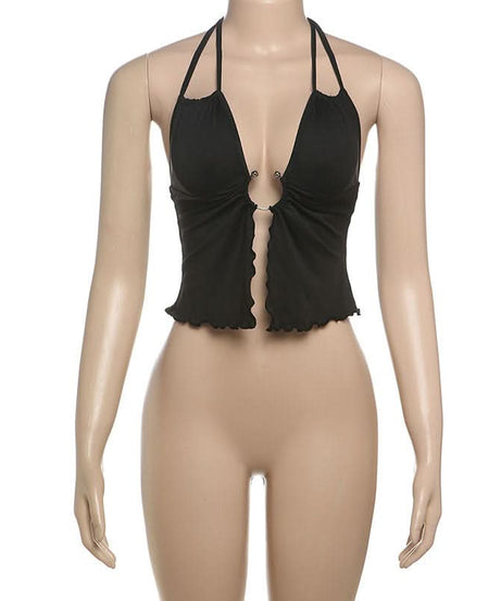 Sultry O-Ring Halter Cutout Crop Top - Y2K Fall Night Out Statement Piece