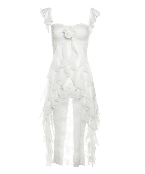 Dreamy Ruffle Lace High-Low Tunic Top - Ethereal Floral Appliqué for Fall Style