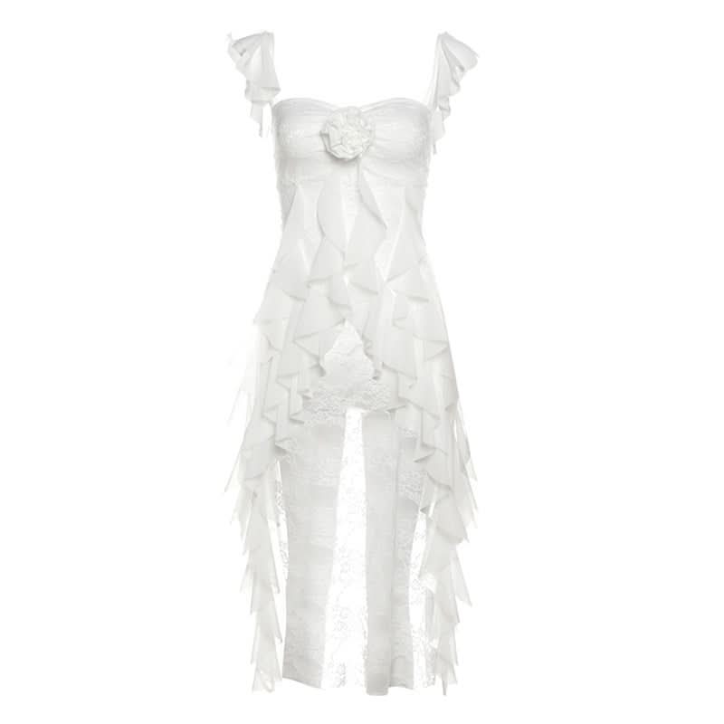 Dreamy Ruffle Lace High-Low Tunic Top - Ethereal Floral Appliqué for Fall Style