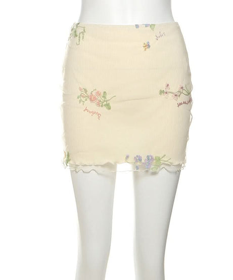 Whimsical Floral Embroidered Ribbed Mini Skirt with Sheer Ruffle Trim