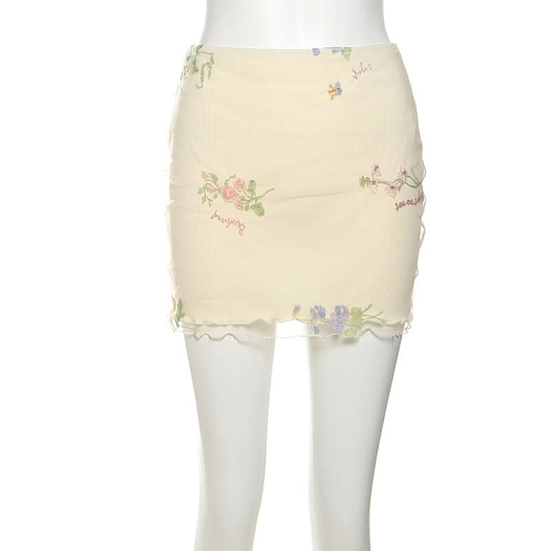 Whimsical Floral Embroidered Ribbed Mini Skirt with Sheer Ruffle Trim