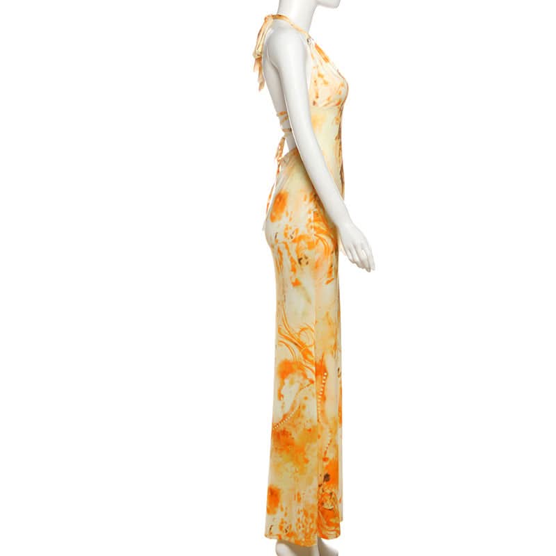 Sunset Dreams Halter Maxi Dress - Vibrant Orange Abstract Print for Fall & Resort Chic