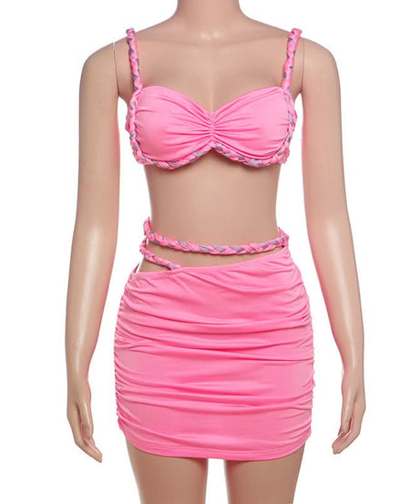Show-Stopping Hot Pink Braided Ruched Two-Piece Set | Trendy Crop Top & Mini Skirt for Parties & Vacations