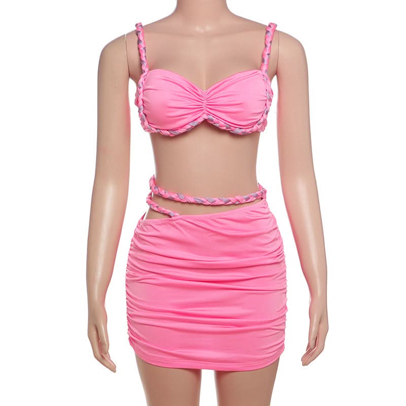 Show-Stopping Hot Pink Braided Ruched Two-Piece Set | Trendy Crop Top & Mini Skirt for Parties & Vacations